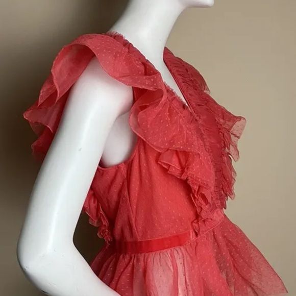 Anthropologie Geisha Designs Ruffled Ruched Tulle Blouse Pink 1X - Picture 6 of 6